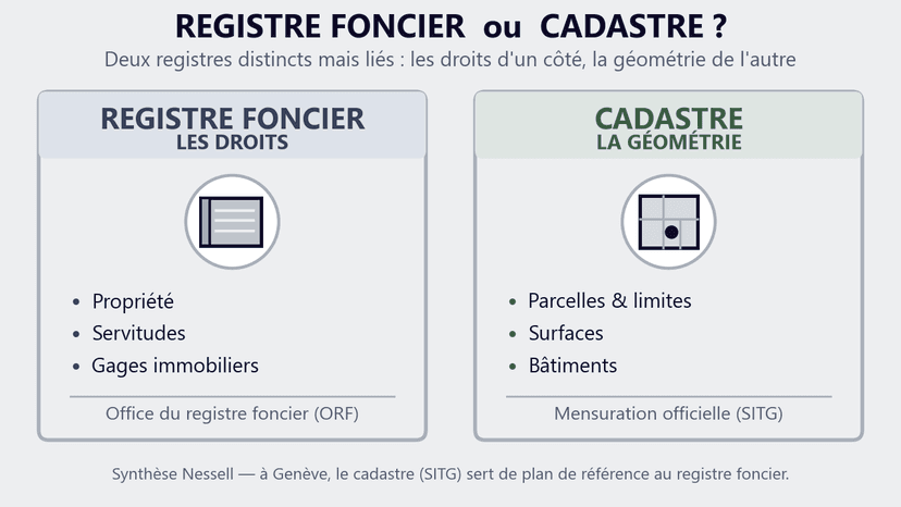 Registre foncier ou cadastre à Genève Différence entre le registre foncier (les droits : propriété, servitudes, gages) et le cadastre ou mensuration officielle (la géométrie : parcelles, limites, surfaces) à Genève