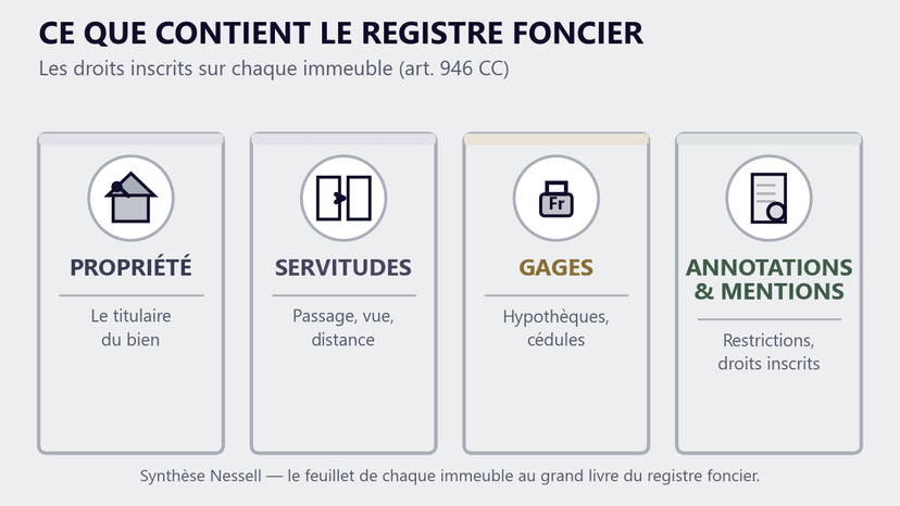 Le contenu du registre foncier à Genève Ce que contient le registre foncier à Genève : propriété, servitudes, gages immobiliers, annotations et mentions (art. 946 CC)